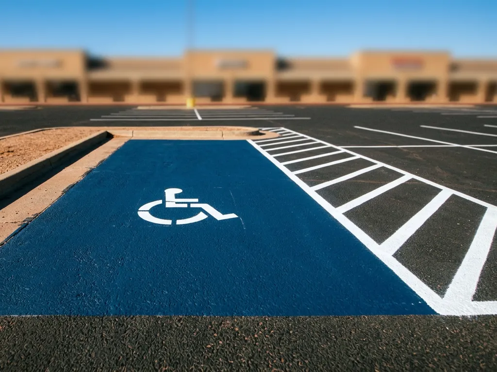Blue accessible parking stall with white accessibility symbol and a striped access aisle marked on asphalt in Amarillo, Texas