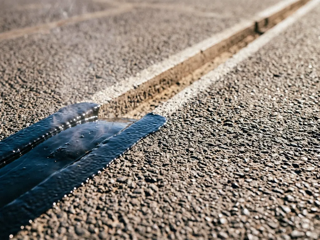 Hot rubberised crack sealant being poured into a routed crack in commercial asphalt paving in Amarillo, Texas
