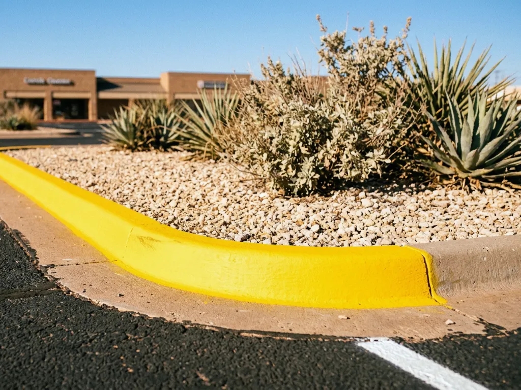 Freshly painted yellow concrete kerb edging a landscaped island in a Amarillo, Texas commercial parking lot