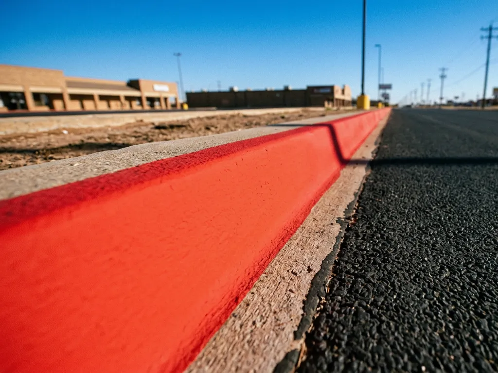 Red painted kerb with white FIRE LANE NO PARKING lettering along a commercial building access road in Amarillo, Texas