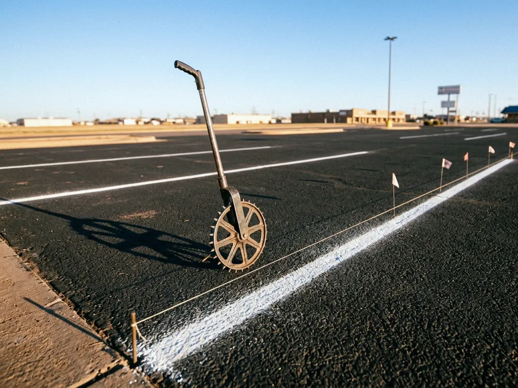 Chalk layout lines and a measuring wheel set out across bare asphalt before striping a commercial lot in Amarillo, Texas
