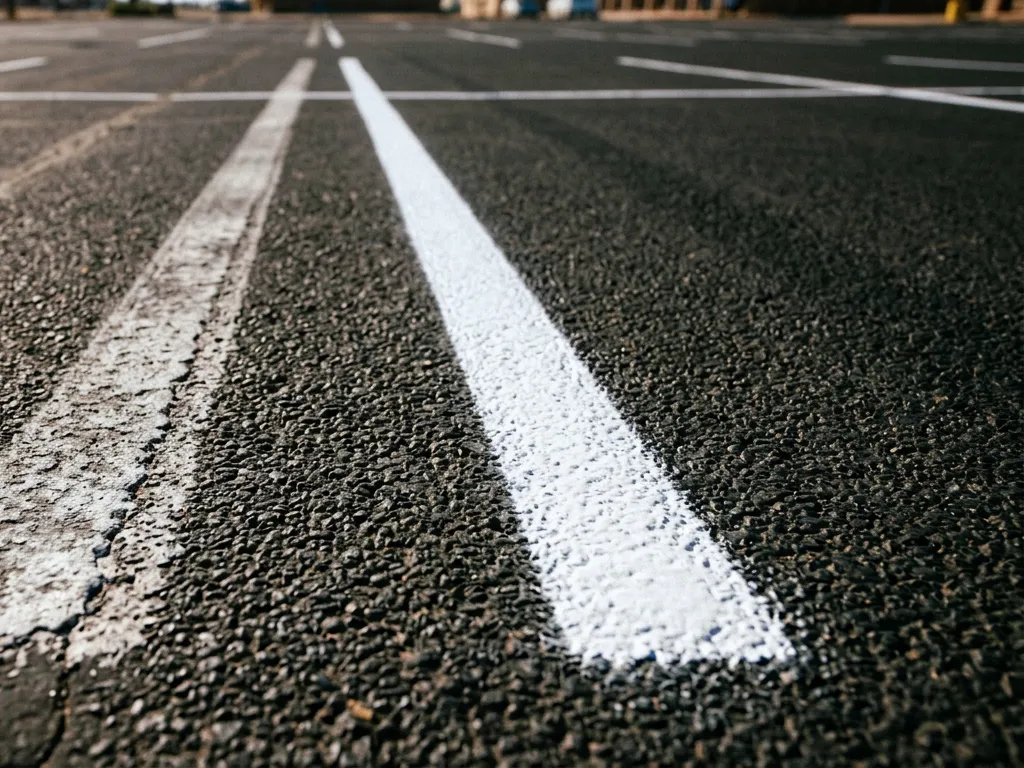 Worn and faded parking stall lines on sun-bleached asphalt beside a freshly repainted white line in Amarillo, Texas