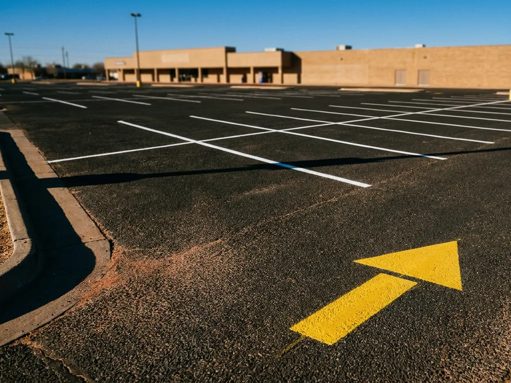 Crisp white parking stall lines and a freshly painted yellow directional arrow across a commercial parking lot in Amarillo, Texas