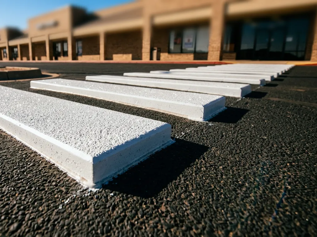 Heat-applied white thermoplastic crosswalk bars being installed at a commercial entrance in Amarillo, Texas