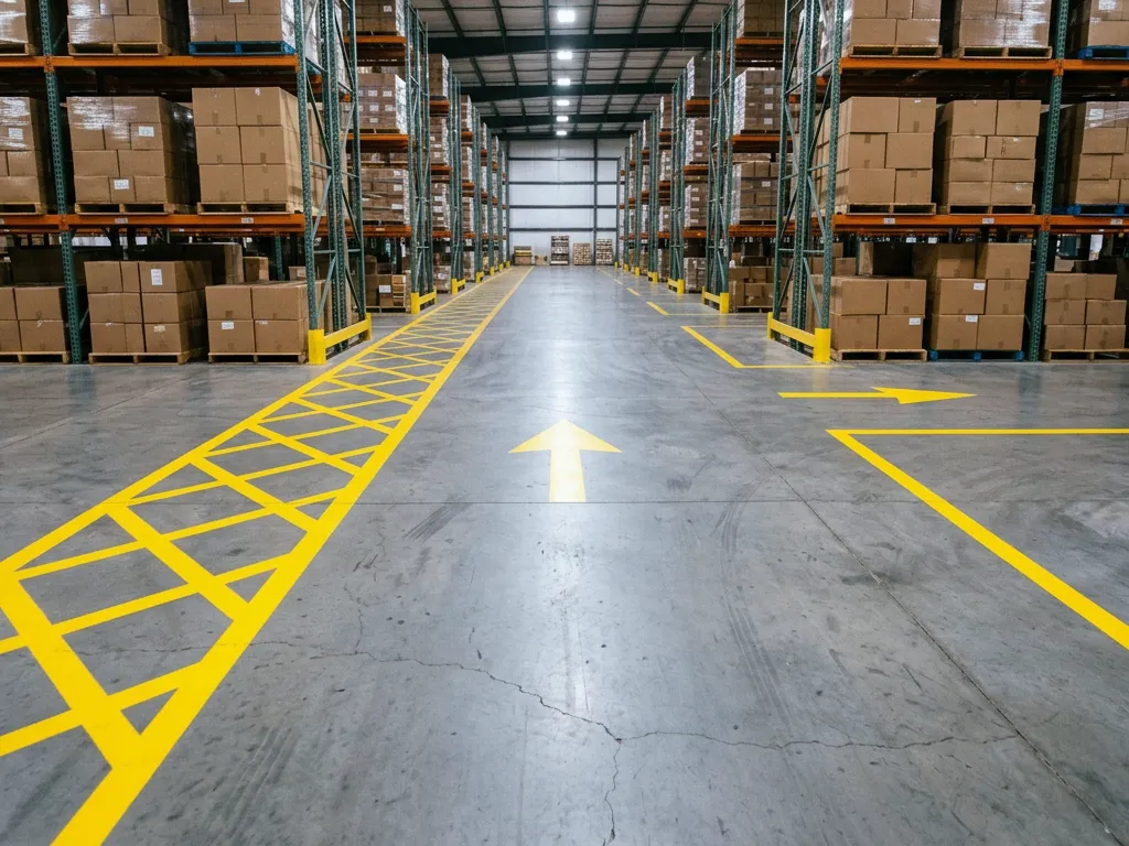 Yellow forklift aisle lines and a hatched pedestrian walkway painted on a sealed concrete warehouse floor in Amarillo, Texas